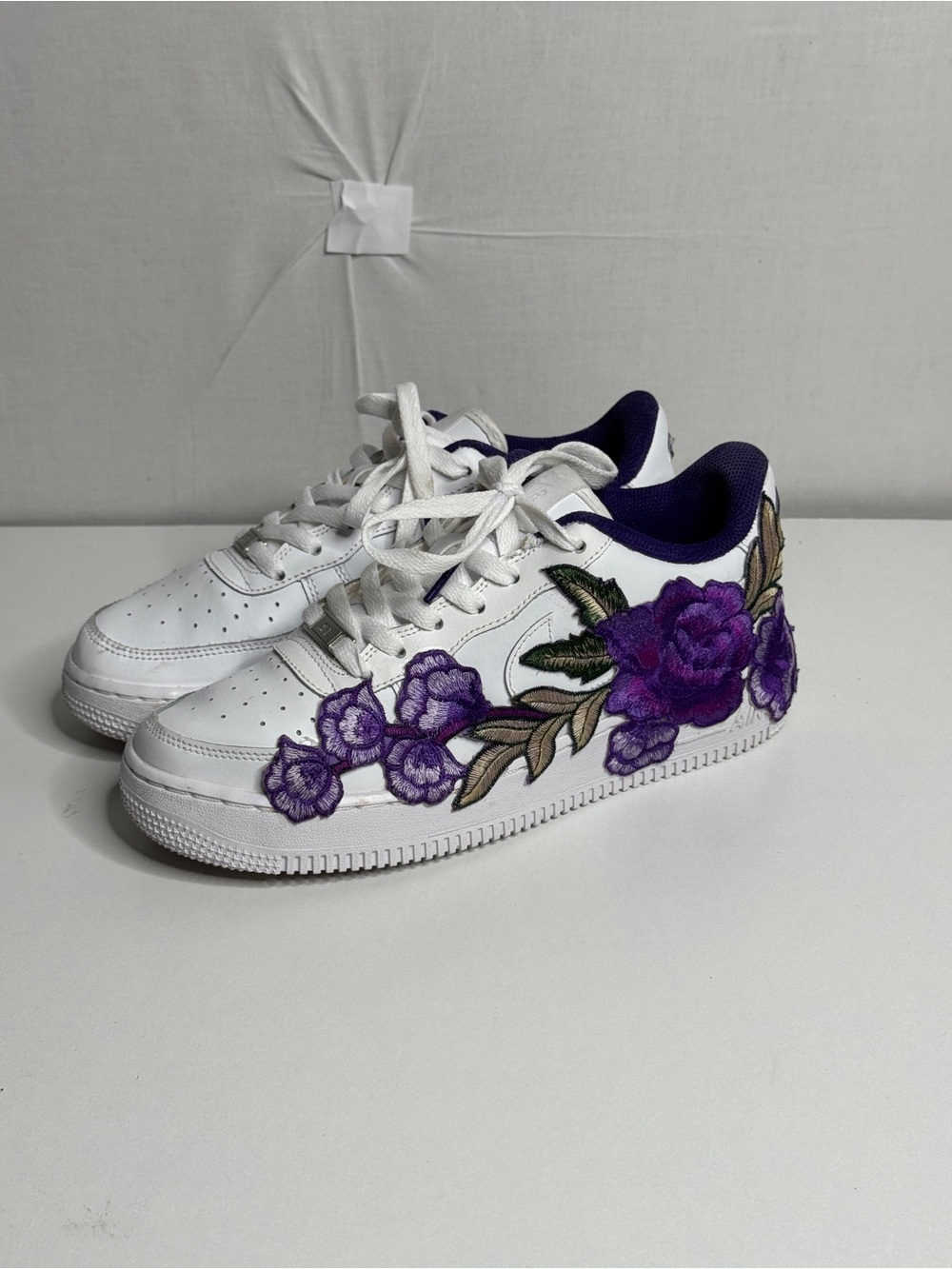 Nike Women’s White Sneakers with Purple Floral Embroidery